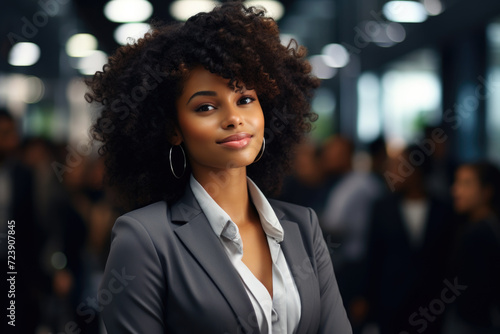 Professional woman wearing business suit confidently stands in front of group of people. This image can be used to represent leadership, teamwork, or corporate settings
