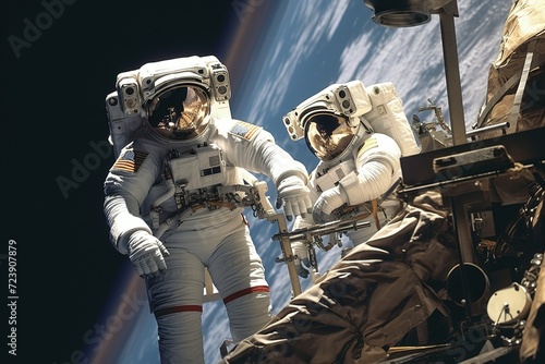 Spacewalk adventure: Astronauts performing repairs in Earth's orbit, a dance of precision and teamwork