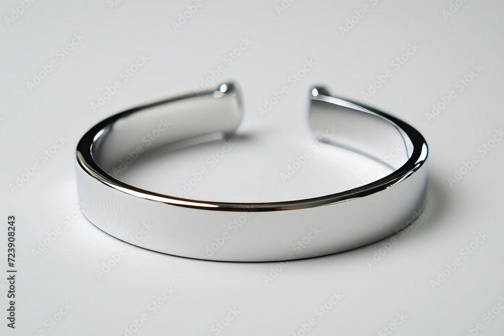 Minimalist style silver bracelet, semi-open, with a reflective surface on a light background Minimalist style silver bracelet, semi-open, with a reflective surface on a light background