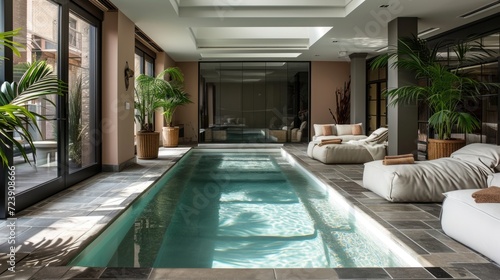 Modern light interior swimming pool room, luxury swimming pool