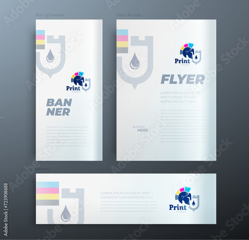 Print cmyk polygraphy printing theme. Spartan warrior in helmet. Set cover flyer and banners vector