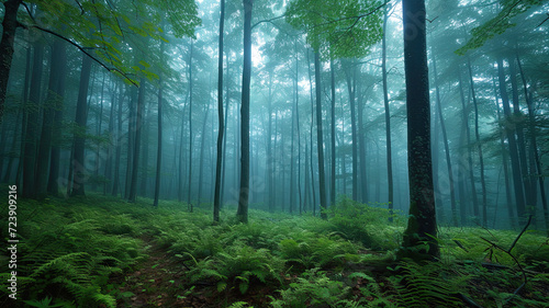 Foggy forest at dawn. The forest floor blanketed with leaves and ferns