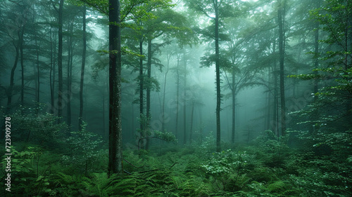 Foggy forest at dawn. The forest floor blanketed with leaves and ferns © Oranuch