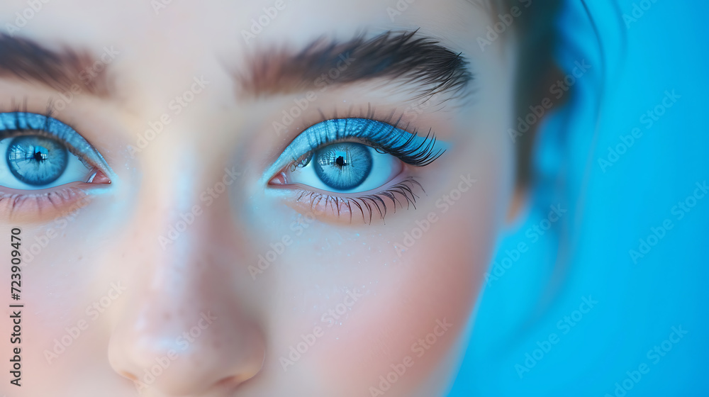 Close up portrait beautiful young lady blue eyes with light blue color long eyelashes, make up cosmetics beauty ad concept Close up portrait beautiful young lady blue eyes with light blue color long eyelashes, make up cosmetics beauty ad concept