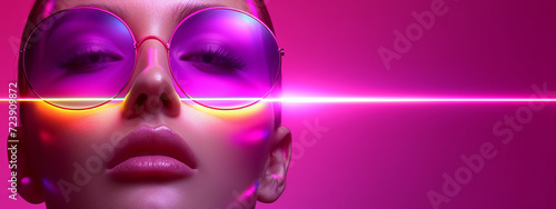 Futuristic Portrait of a Woman With Neon Lights Reflecting on Sunglasses