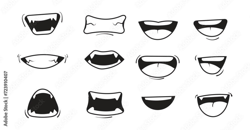 Cartoon mouth set. Hand drawn doodle mouth, tongue caricature emoji icon. Funny comic doodle style. Vector illustration. - obrazy, fototapety, plakaty 