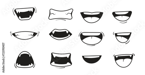 Cartoon mouth set. Hand drawn doodle mouth, tongue caricature emoji icon. Funny comic doodle style. Vector illustration.