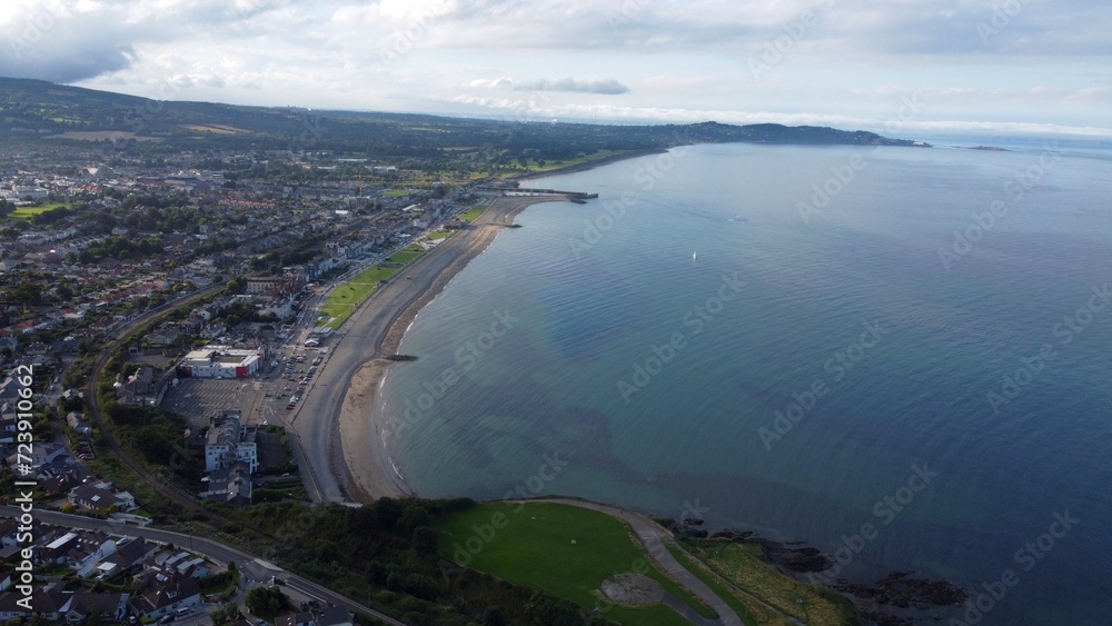 A bird's-eye view of the sandy strand of Bray Beach on a summer's day, Co. Wicklow, Ireland