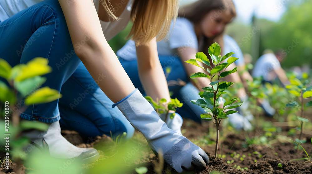Fototapeta premium A group of volunteers come together to help plant trees to preserve the environment and make the world a better place, Corporate Social Responsibility