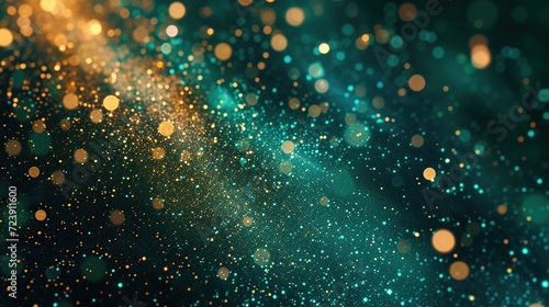 An eye-catching abstract background featuring the dynamic interplay of emerald green and gold glitter confetti, with bokeh elements