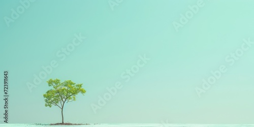 Banner with copy space and a single tree sapling on the left  symbolizing reforestation and the growth of new life  set against a minimalist sky blue background.