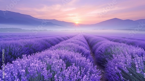Endless lavender fields in the early morning light  with the rising sun 