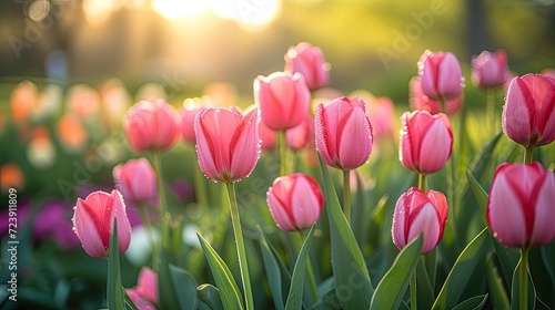 Rows of tulips bathed in the soft hues of dawn  with the morning sun 