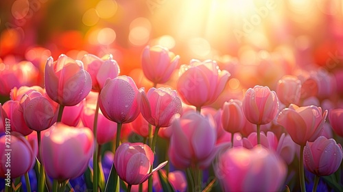 Rows of tulips bathed in the soft hues of dawn, with the morning sun  #723911817