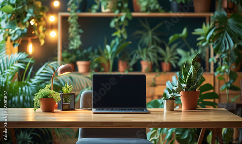 laptop on the work table. plants in the workspace. eco green concept office.