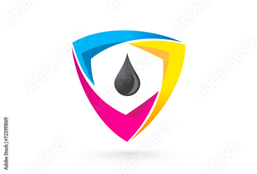 Logo Shield and Drop CMYK Ink Printing theme. Template design vector. White background.