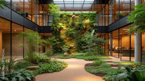 Salle de conférence moderne et lumineuse avec vue sur la nature. avec un mur végétal