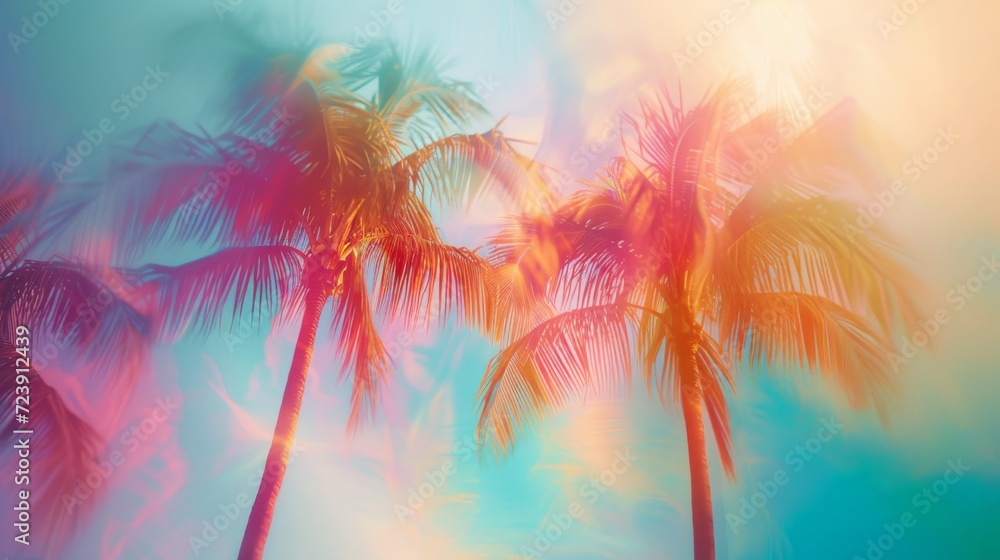 Colorful Illustration of Palm Tree in the Style of Light Leaks - Effervescent Summer Tree Holographic Composition - Nostalgia Summer Minimalism Background created with Generative AI Technology - obrazy, fototapety, plakaty 