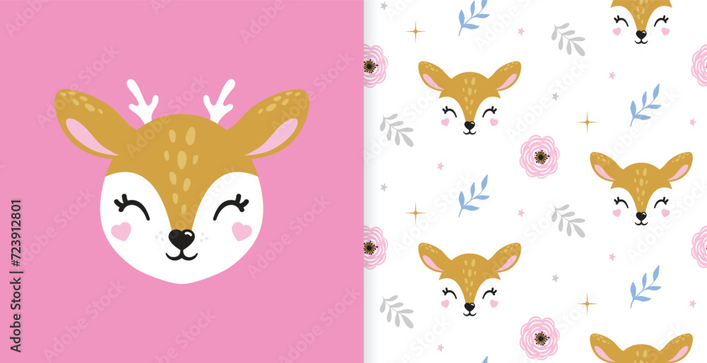 Illustration of cute deer, fawn. Baby, child, cute portrait. Little face, little animal, pet. Brown character. Sticker, wall art, kids room decoration, cutie full face, pattern seamless