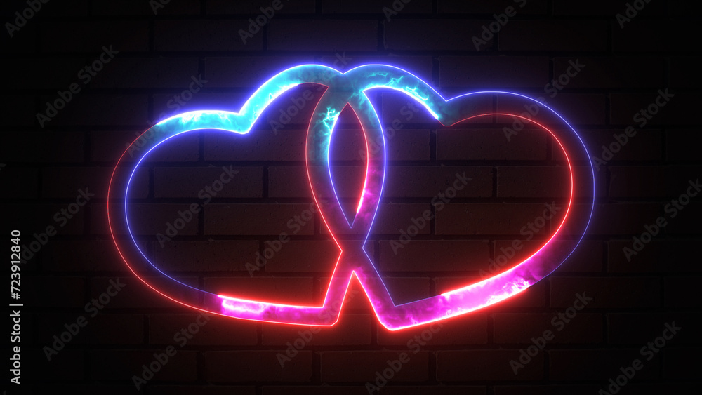 Bright neon sign valentines day heart shaped on brick wall. Collection of heart illustrations, Love symbol icon set, love symbol.