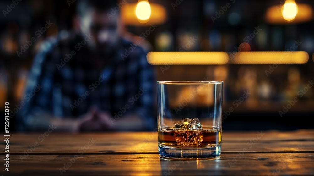 The problem of alcohol addiction destroys life. A disheveled, unshaven, exhausted man in a plaid shirt looks at a glass of whiskey on the table, the desire and inability to give up alcohol - obrazy, fototapety, plakaty 