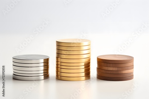 gold coins,silver coin,woonden coin neatly arranged, symbolizing wealth, currency, and financial growth in the banking and investment market photo
