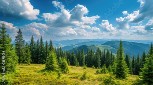 Magnificent panoramic view the coniferous forest on the mighty Carpathians Mountains and beautiful blue sky background. Beauty of wild virgin Ukrainian nature. © Sor