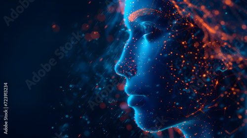 A volumetric face formed in digital space. Artificial intelligence. The concept of security, communication and data protection. Illustration for banner, poster, cover, brochure or presentation.