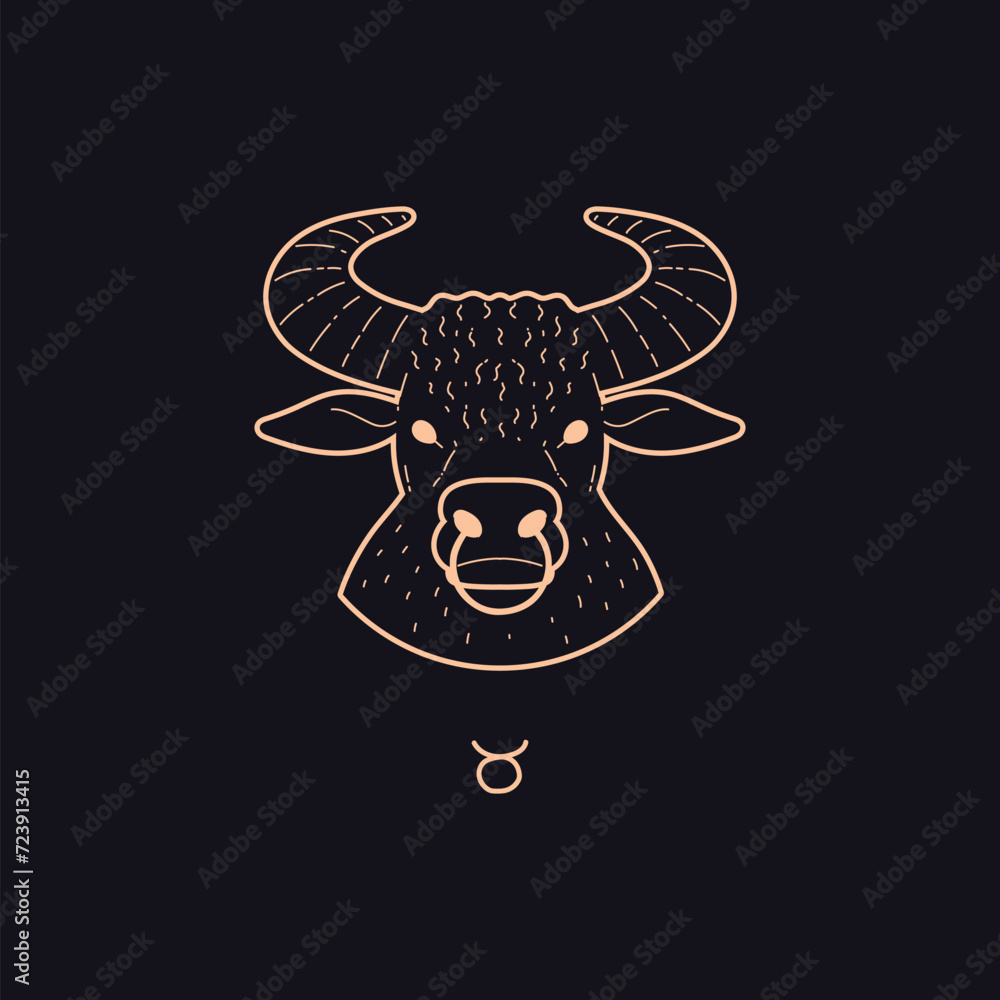 Fototapeta premium Taurus zodiac sign and symbol golden contour on dark background, Horoscope Astrological zodiac vector icon, bull's head
