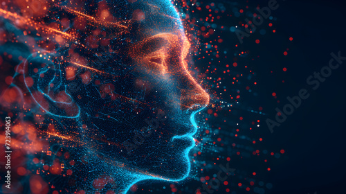 A volumetric face formed in digital space. Artificial intelligence. The concept of security, communication and data protection. Illustration for banner, poster, cover, brochure or presentation.