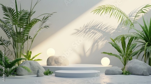 white Product display 3d podium background with light and plants and stone 