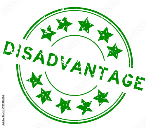 Grunge green disadvantage word with star icon round rubber seal stamp on white background