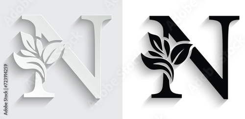 letter N  flower letters. Vintage ornament initial Alphabet. Logo vector	
