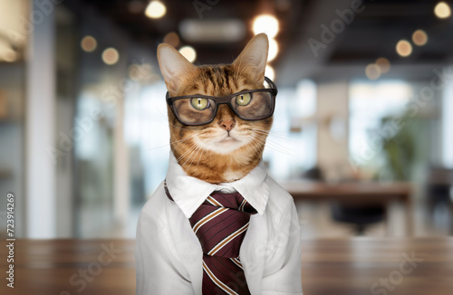 Bengal cat wearing glasses, white shirt and tie in the office.