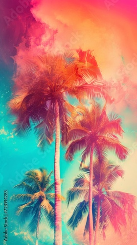 Colorful Illustration of Palm Tree in the Style of Light Leaks - Effervescent Summer Tree Holographic Composition - Nostalgia Summer Minimalism Background created with Generative AI Technology © GenerativeCreations
