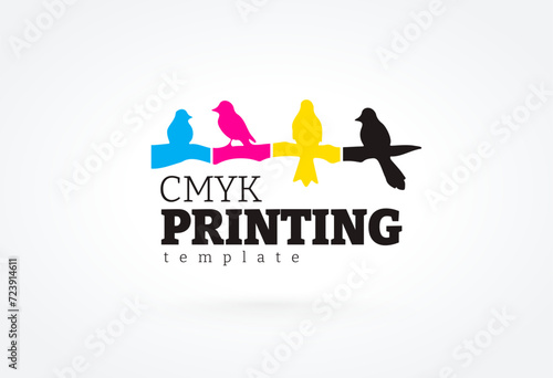 Logo CMYK Printing theme. Birds are sitting on a branch. Template design vector. White background.