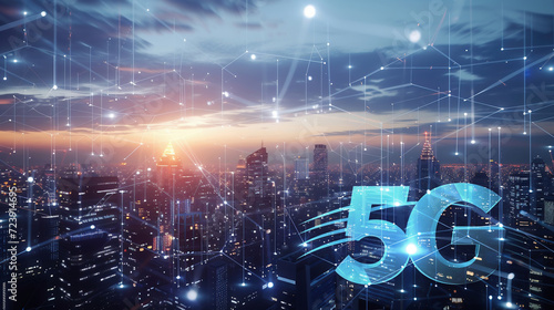Future technology 5G network. Telecommunication network above city, wireless mobile internet technology for LTE data connection. Internet of Things, global business, fintech, blockchain photo