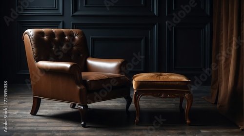 Vintage classic brown sofa chair on plain black dark empty room background from Generative AI © sevenSkies