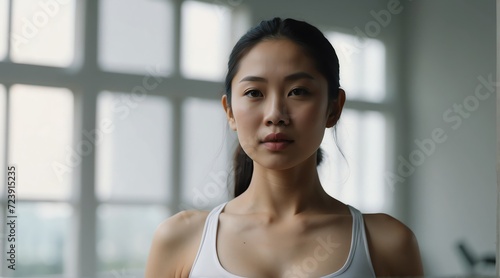 Beautiful asian woman wearing yoga training outfit in plain white background from Generative AI