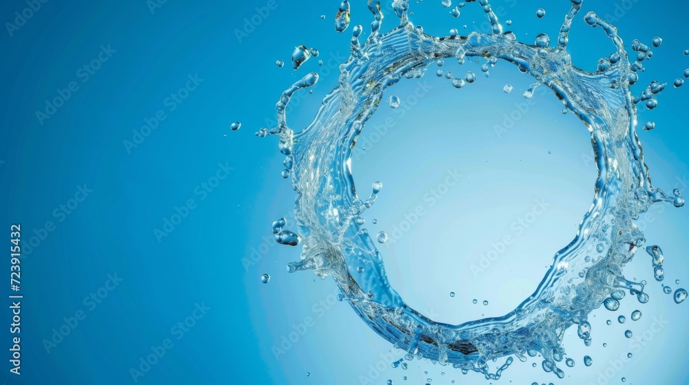 Fototapeta premium Clear water splash in form of circle. Transparent liquid on blue background