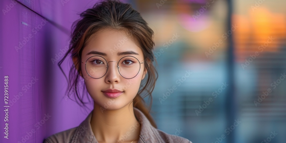 Obraz premium Stylish young woman wearing sunglasses showing modern fashion and elegance in close-up portrait.