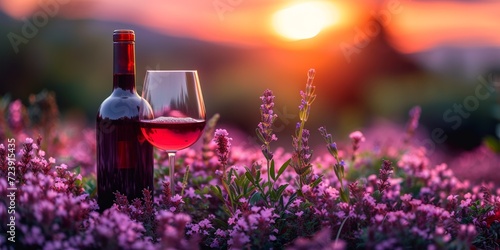 Picturesque summer sunset with wine and glass over a lavender field in Provence  the beauty of nature in full bloom.