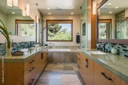 Relaxing bathroom featuring natural wood  stone countertops  green glass tiles.