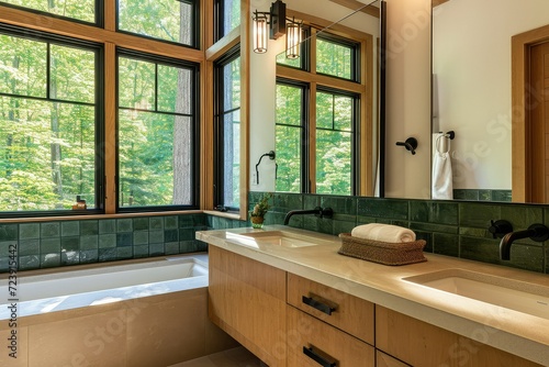 Relaxing bathroom featuring natural wood, stone countertops, green glass tiles.