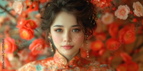 Beautiful Asian woman in traditional clothing, combining cultural elegance with modern sensibility in a studio setting.