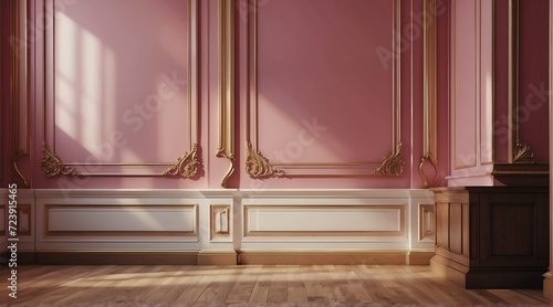 Close up of vintage classic pink wall panel molding and shiny wooden floor from Generative AI
