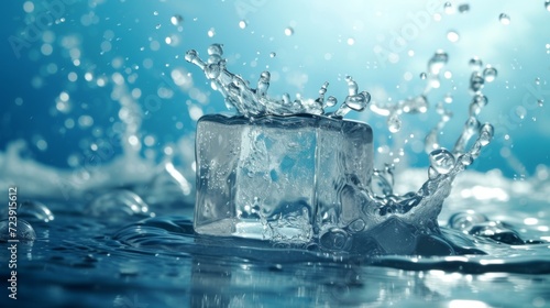 Clear water splash in form of cube. Transparent liquid on blue background