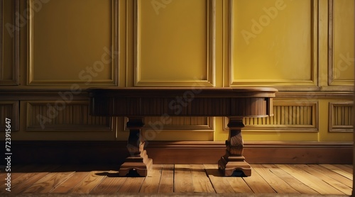 Close up of vintage classic yellow wall panel molding and shiny wooden floor from Generative AI