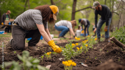 Community Gardening Event.  Volunteers planting flowers in a park.