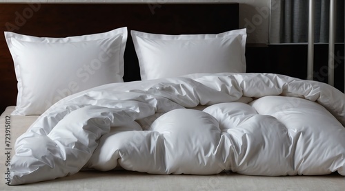 Folded white duvet comforter on a bed with pillows from Generative AI